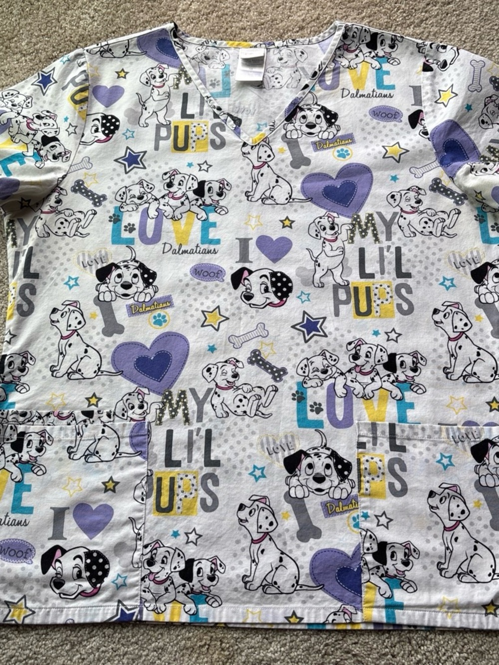 Disney Dalmatian Print Scrub Top - White with Purple & Yellow Accents